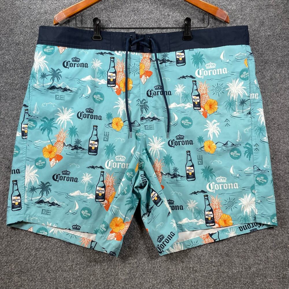 Corona Swim Trunks Men's 2XL Blue Geometric Allover Beer Lined Drawstring Swim